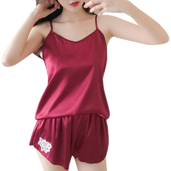 Womens Flower Embroidery Sleepwear Sexy Faux Silk Sleeveless spaghetti strap Camis Pajamas Set
Womens Flower Embroidery Sleepwear Sexy Faux Silk Sleeveless spaghetti strap Camis Pajamas Set