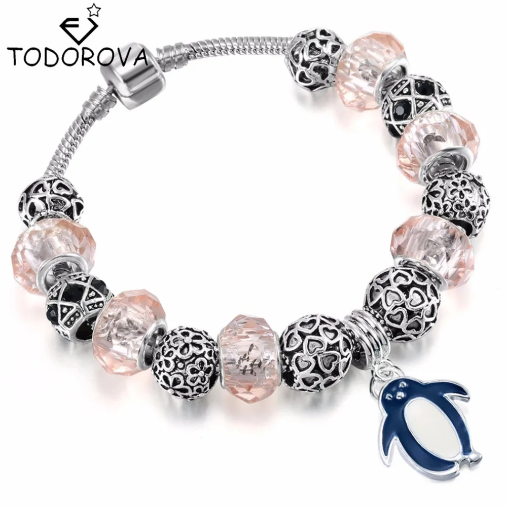 

Todorova 2017 Antique Silver Color Penguin Charm fit Bracelet Crystal Heart Beads Bracelets & Bangles for Women Jewelry Gift