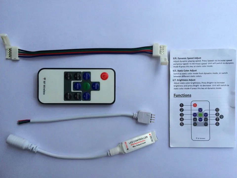 mini led rf rgb controller,DC12-24V input,max 4A*3 channel output;with 4pin connector and cables
mini led rf rgb controller,DC12-24V input,max 4A*3 channel output;with 4pin connector and cables