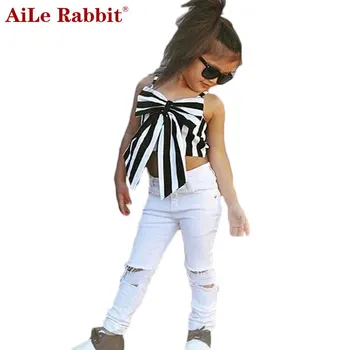 AiLe Rabbit Girls Set Tops and Pants 2 Pieces Stripes Ribbon Short Sling Fashion Hole Pants European Style Children's Suits k1
AiLe Rabbit Girls Set Tops and Pants 2 Pieces Stripes Ribbon Short Sling Fashion Hole Pants European Style Children's Suits k1