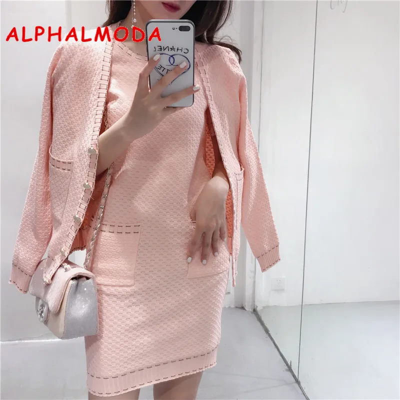 ALPHALMODA 2018 Autumn Winter Elegant Knitted Cardigans + Short-sleeved Knit Dress Women OL Casual Suits
ALPHALMODA 2018 Autumn Winter Elegant Knitted Cardigans + Short-sleeved Knit Dress Women OL Casual Suits
