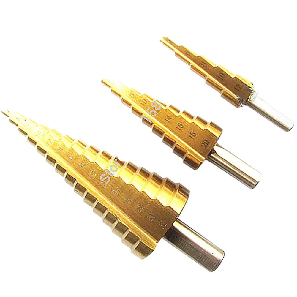 3PCS HSS Titanium Coated Step Drill Bits Set size 4-12/4-20/4-32mm Shank 6mm,8mm,10mm Triangle Shank
3PCS HSS Titanium Coated Step Drill Bits Set size 4-12/4-20/4-32mm Shank 6mm,8mm,10mm Triangle Shank