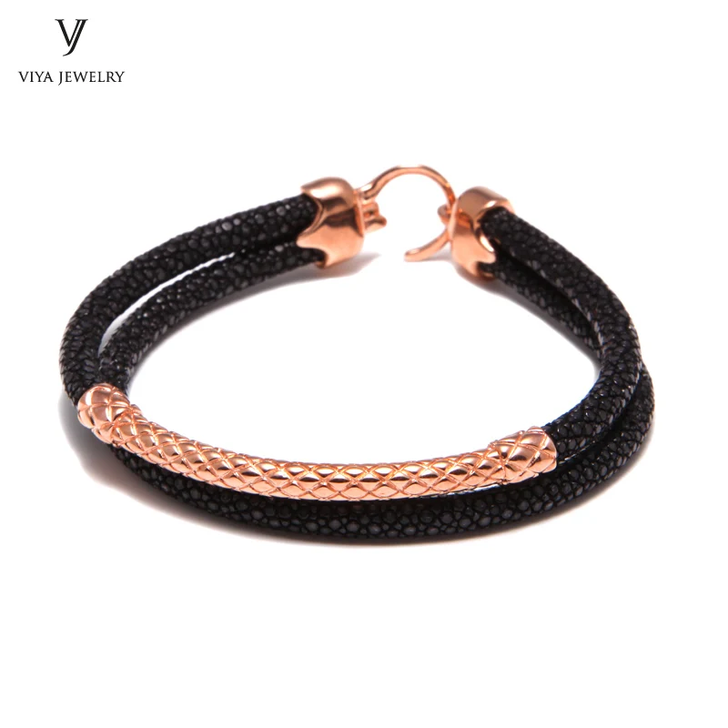 Handcrafted Luxury Custom Stingray Silver Bracelets Two hand-wrapped Stingray leather cords Men Bracelet With Pure Silver Clasp-VSST-03 (8)