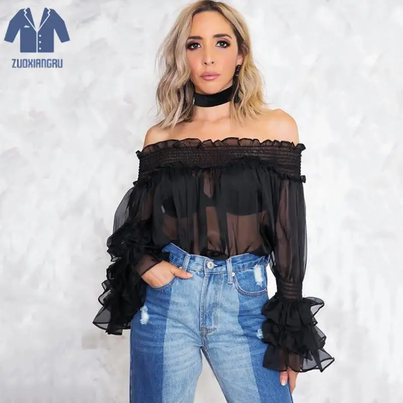 Zuoxiangru Chiffon Blouse Women Ruffle Sleeve Tulle Transparent Sexy Tops Slash Neck Autumn Solid Slash Neck Women's Shirts
Zuoxiangru Chiffon Blouse Women Ruffle Sleeve Tulle Transparent Sexy Tops Slash Neck Autumn Solid Slash Neck Women's Shirts