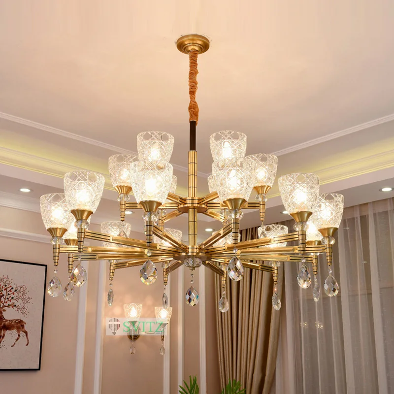 

American All Copper Large Hanging Lamp Lighting Modern Simple Crystal Lamp Living Room Led Chandelier Bedroom Restaurant Light