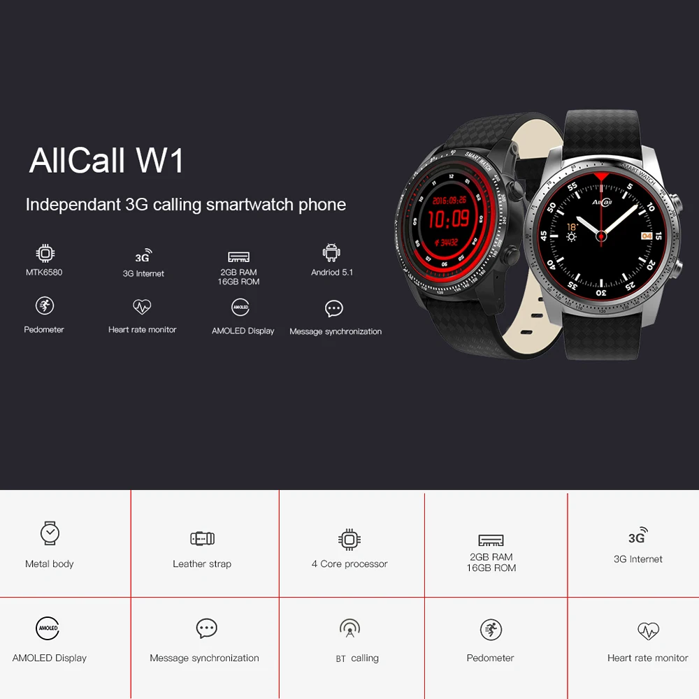 

ALLCALL W1 Smartwatch Phone Android 5.1 Bluetooth Wifi 3G Connection MTK6580 Quad Core 1.3GHz 2GB/16GB GPS Smart Watches Phone