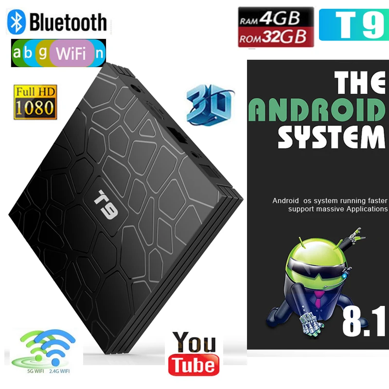 T9 TV Box Android 8.1 H.265 RK3328 Quad Core 4G 32G 2.4G WIFI Smart Bluetooth 4.1 4K Set Top Box Google Play Netflix media play
T9 TV Box Android 8.1 H.265 RK3328 Quad Core 4G 32G 2.4G WIFI Smart Bluetooth 4.1 4K Set Top Box Google Play Netflix media play