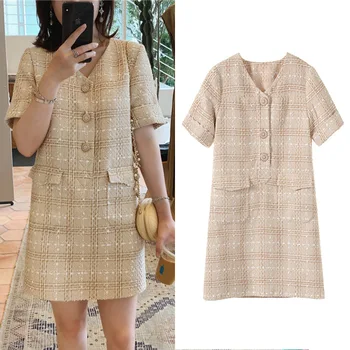 New chili pepper with small fragrance double pockets V collar short sleeves thick patterned checked apricot dress G0663
New chili pepper with small fragrance double pockets V collar short sleeves thick patterned checked apricot dress G0663