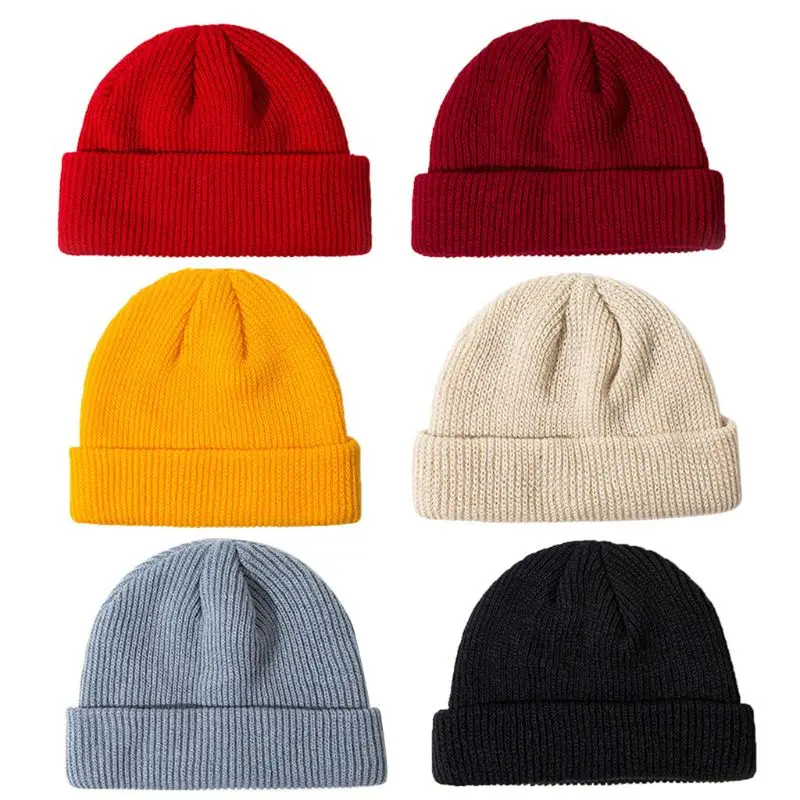 

Women Unisex Winter Ribbed Knitted Cuffed Short Melon Cap Solid Color Skullcap Baggy Retro Ski Fisherman Docker Beanie Hat