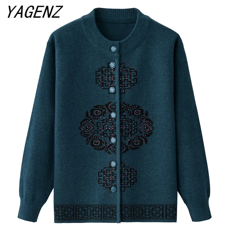 Middle-aged Women's Autumn Winter Knitwear Sweater Coat Print O neck Loose Warm Large size Grandma Cardigan jackets 5XL |