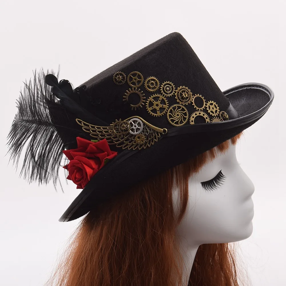 Vintage Gothique Steampunk Gear plumes ruban noir Chapeau Haut De Fête Costume Chapeau 