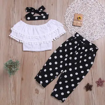 Wholesale Girls' clothing set White Ball tassel Shoulder shirt+dot printed pants+hair band 3pcs suit Summer kids clothes 3-11Y
Wholesale Girls' clothing set White Ball tassel Shoulder shirt+dot printed pants+hair band 3pcs suit Summer kids clothes 3-11Y