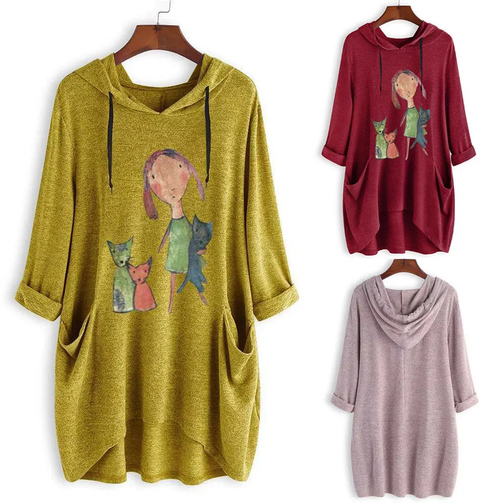 Women Casual Print Long Sleeves Side Pocket Hooded Irregular Loose Pluz Size Top T Shirts Tee harajuku camiseta mujer #201
Women Casual Print Long Sleeves Side Pocket Hooded Irregular Loose Pluz Size Top T Shirts Tee harajuku camiseta mujer #201
