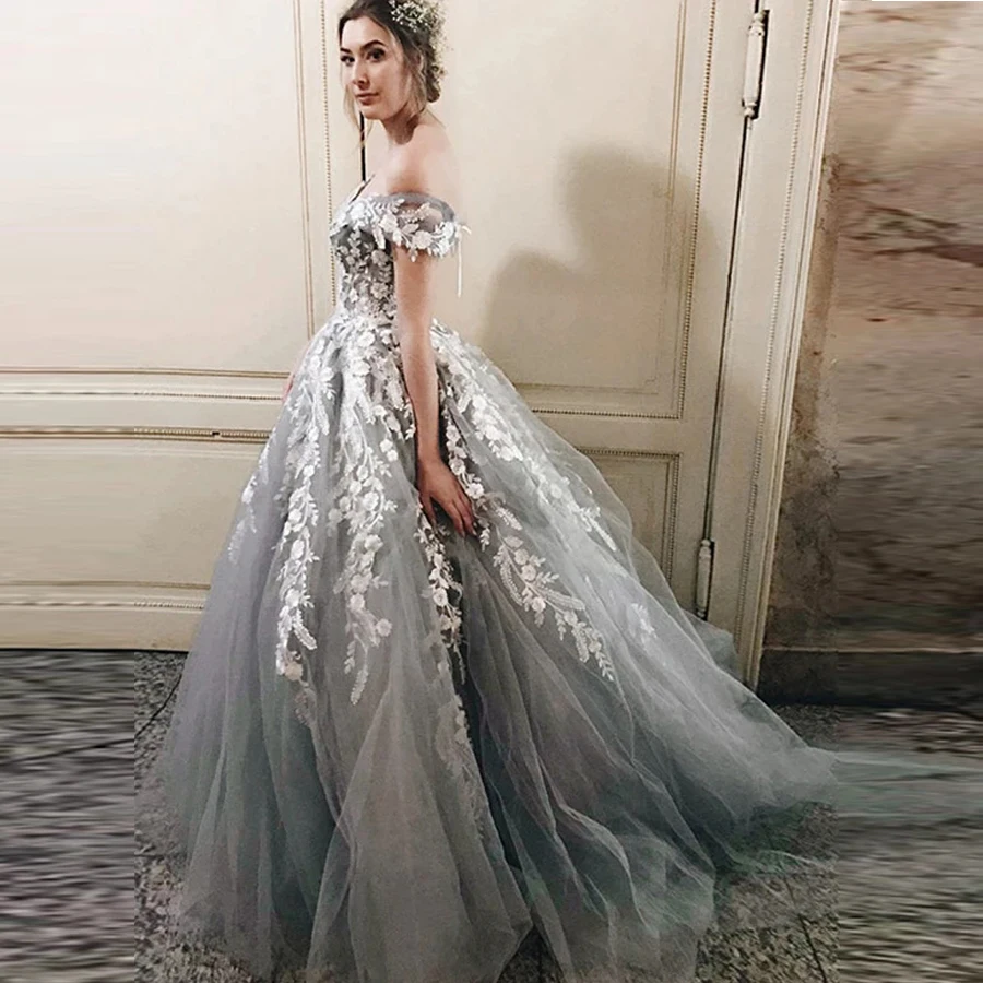 Silver Off the Shoulder Beaded Applique A-line Wedding Dress with Lace-up Back Sweep Train Tulle Bridal Party Dress
Silver Off the Shoulder Beaded Applique A-line Wedding Dress with Lace-up Back Sweep Train Tulle Bridal Party Dress