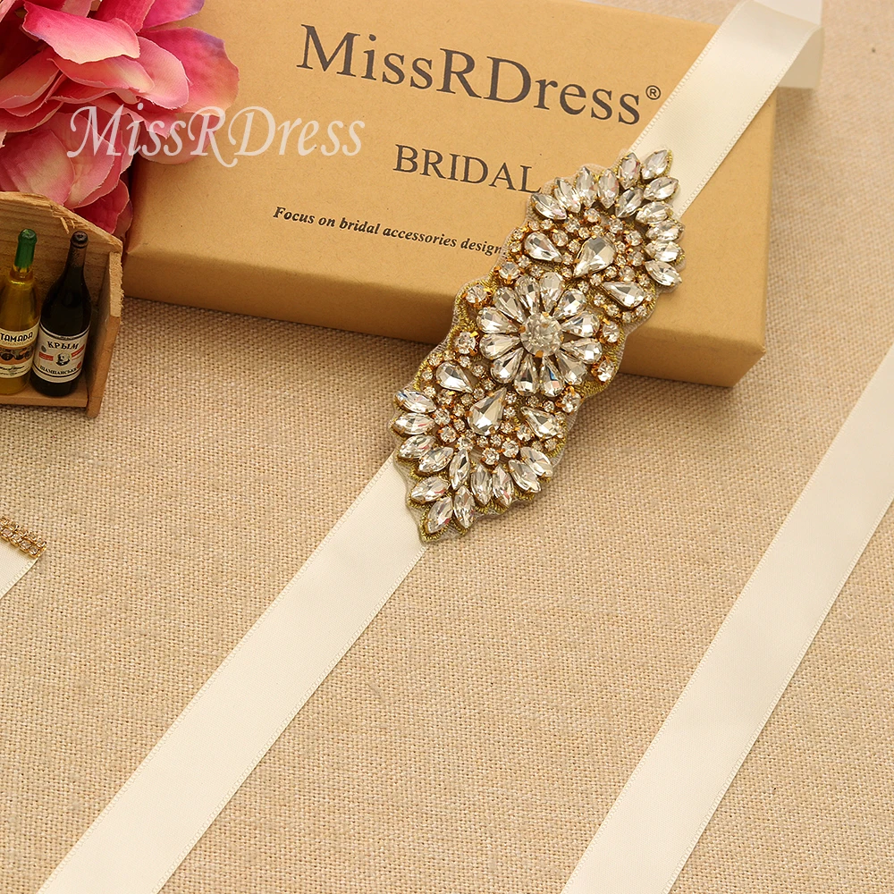 MissRDress Hand Beaded Wedding Belt Gold Crystal Bridal Rhinestone Jeweled Sash For Party Gown JK887 | Свадьбы и торжества