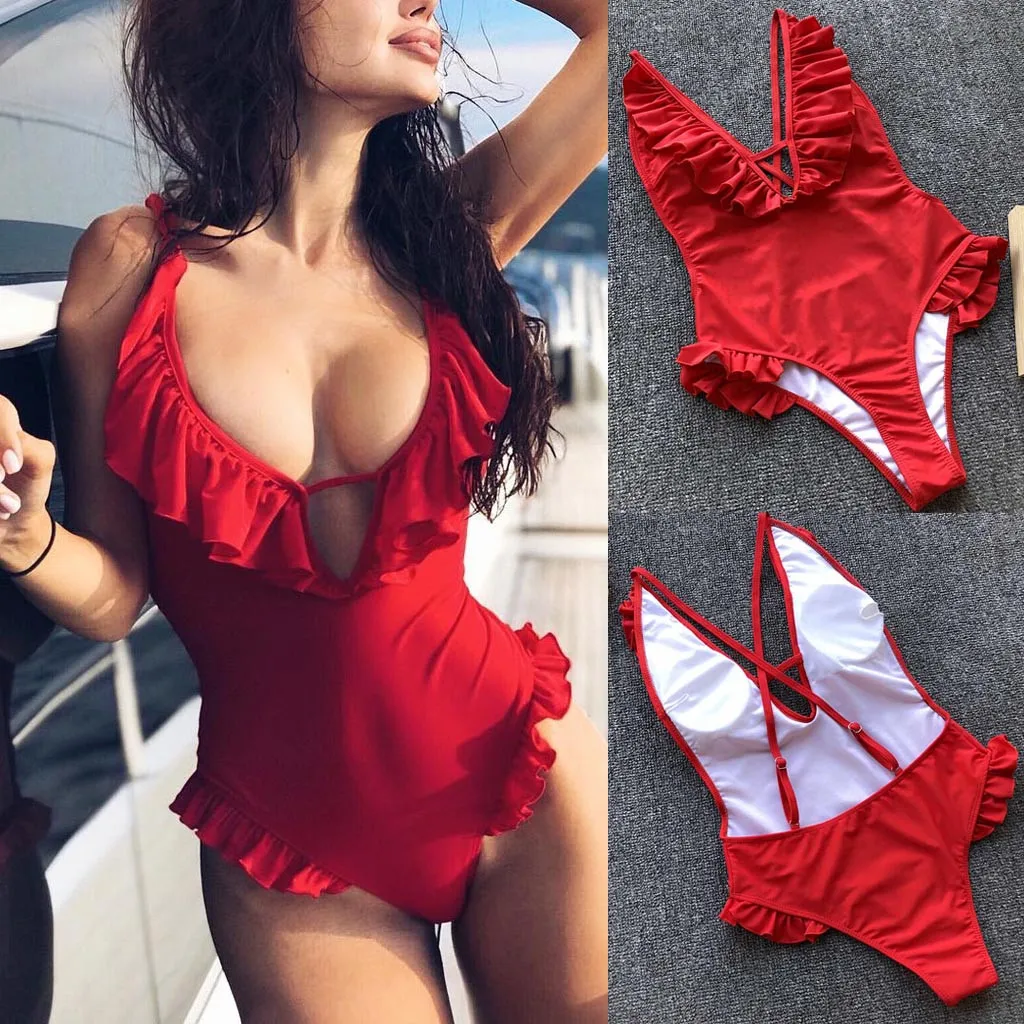 Sexy Women Ruffles One-Piece Bikini Push-Up Pad Halter Swimwear Cross Bandage Solid Color Red Swimsuit Backless Summer Beachwear
Sexy Women Ruffles One-Piece Bikini Push-Up Pad Halter Swimwear Cross Bandage Solid Color Red Swimsuit Backless Summer Beachwear