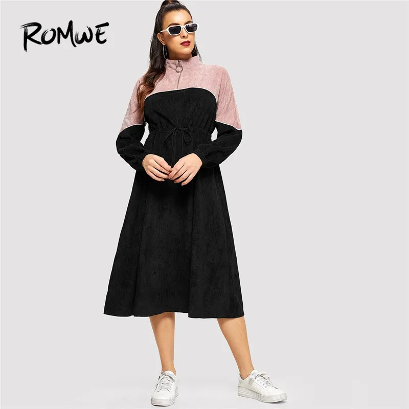 

ROMWE Woman Colorblock Black Drawstring Waist Long Corduroy Dresses High Street A-Line Stand Collar Full Sleeve Zip Design Dress