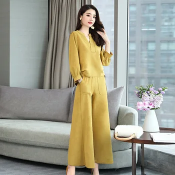 Women Colthes Sets 3 Colors New Arrival spring fashion Sleeve V-neck Elegant Pullover Tops+ Wide Leg Pants Women's Sets 2019
Women Colthes Sets 3 Colors New Arrival spring fashion Sleeve V-neck Elegant Pullover Tops+ Wide Leg Pants Women's Sets 2019