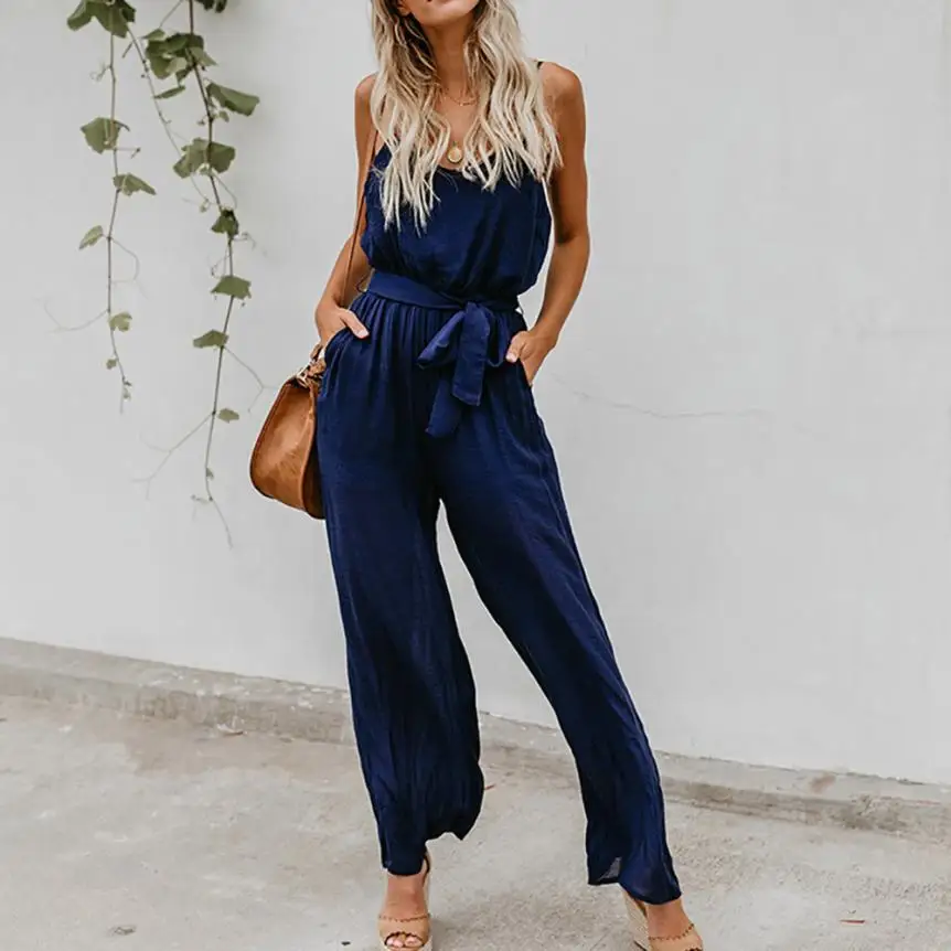 Women Sexy Backless Rompers Solid Long Camisole Elastic Waist Jumpsuit With Belt sashes pockets sleeveless pleated rompers F4
Women Sexy Backless Rompers Solid Long Camisole Elastic Waist Jumpsuit With Belt sashes pockets sleeveless pleated rompers F4