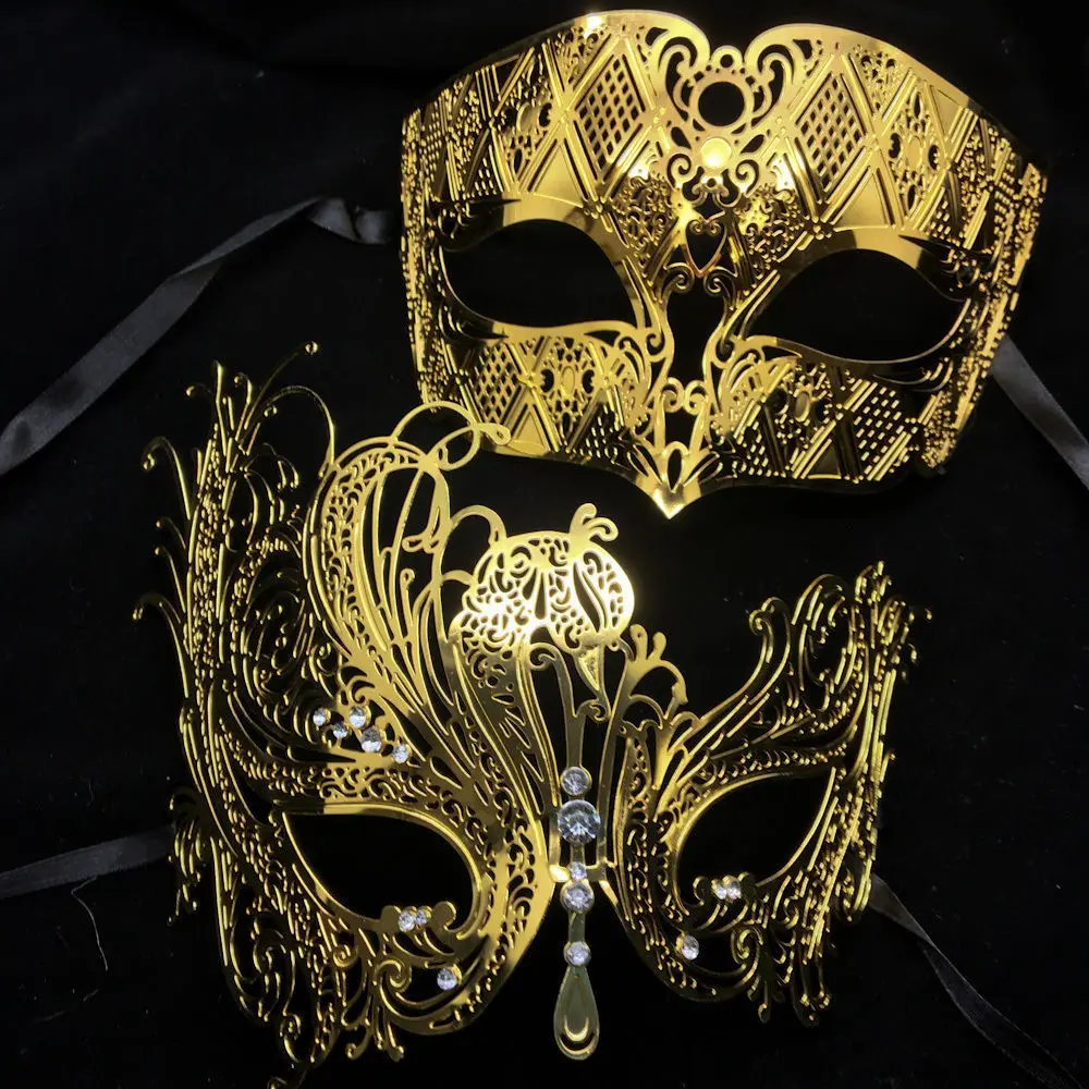 

Black Silver Gold Metal Filigree Laser Cut Couple Venetian Party Mask Wedding Ball Mask Halloween Masquerade Costume Masker Set