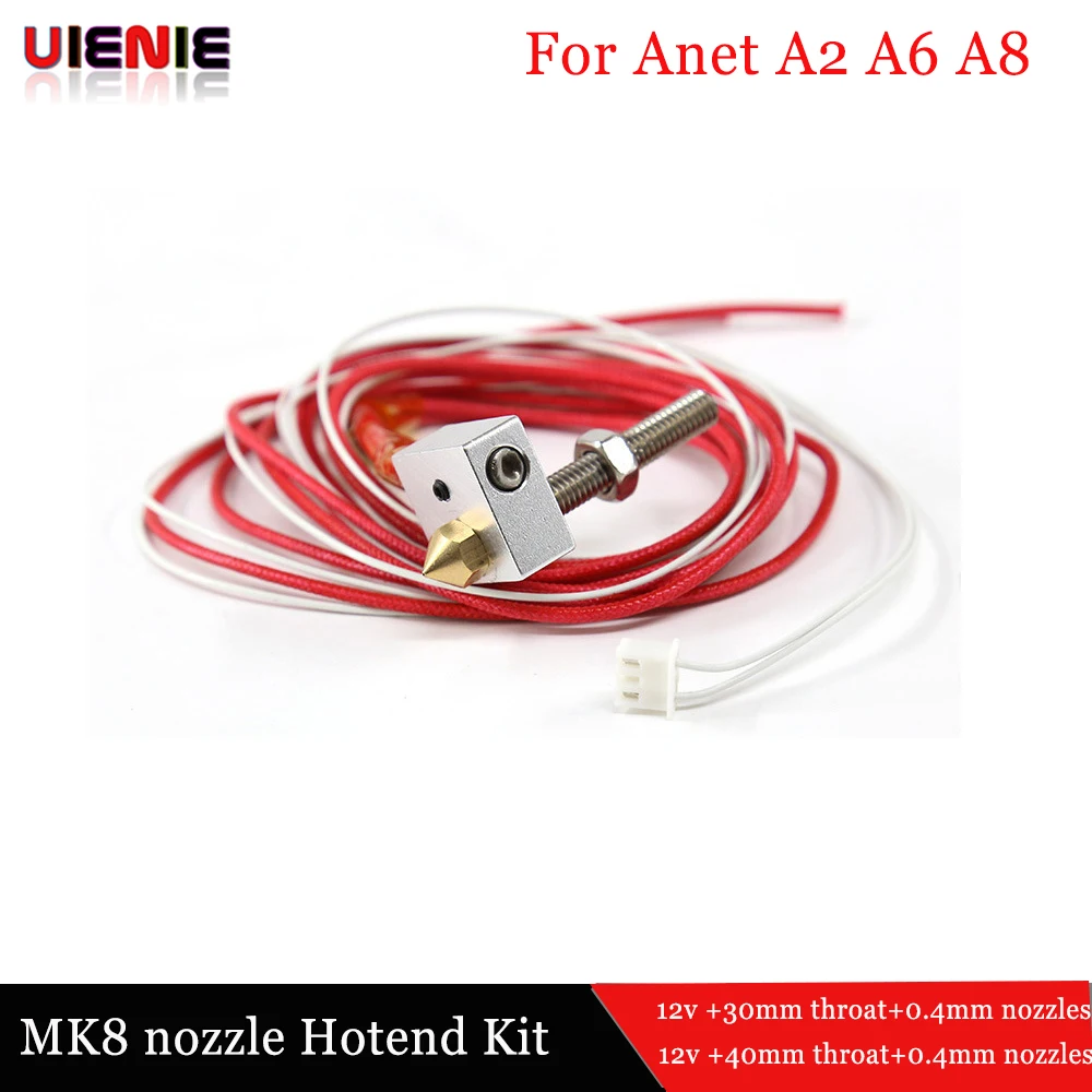 Anet a6 a8 e10 e12 MK8 hotend extruder I3 kits 0.4mm nozzles+M6 30/40mm throat teflon tubes 12V 40W for DIY 3d printer part A2
Anet a6 a8 e10 e12 MK8 hotend extruder I3 kits 0.4mm nozzles+M6 30/40mm throat teflon tubes 12V 40W for DIY 3d printer part A2
