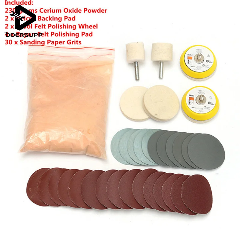 230g Cerium Oxide Powder+2pcs Backing Pad+2pcs Wool Felt Polishing Wheel+4pcs Polishing Pad+30pcs Sanding Paper Grits
230g Cerium Oxide Powder+2pcs Backing Pad+2pcs Wool Felt Polishing Wheel+4pcs Polishing Pad+30pcs Sanding Paper Grits