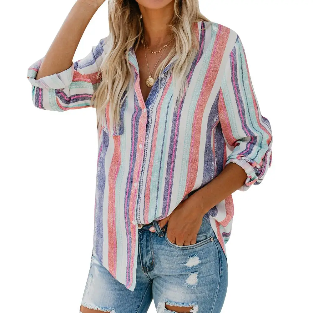 2018 Hot Fashion Colorful Striped Long Sleeve Turn-Down Collar Autumn Women Top Shirt
2018 Hot Fashion Colorful Striped Long Sleeve Turn-Down Collar Autumn Women Top Shirt