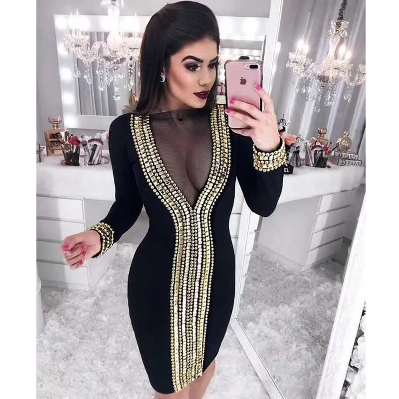 

wholesale 2019 Newest Women Black Long sleeve Beading Sexy perspective Celebrity Cocktail party bandage dress(L2925)