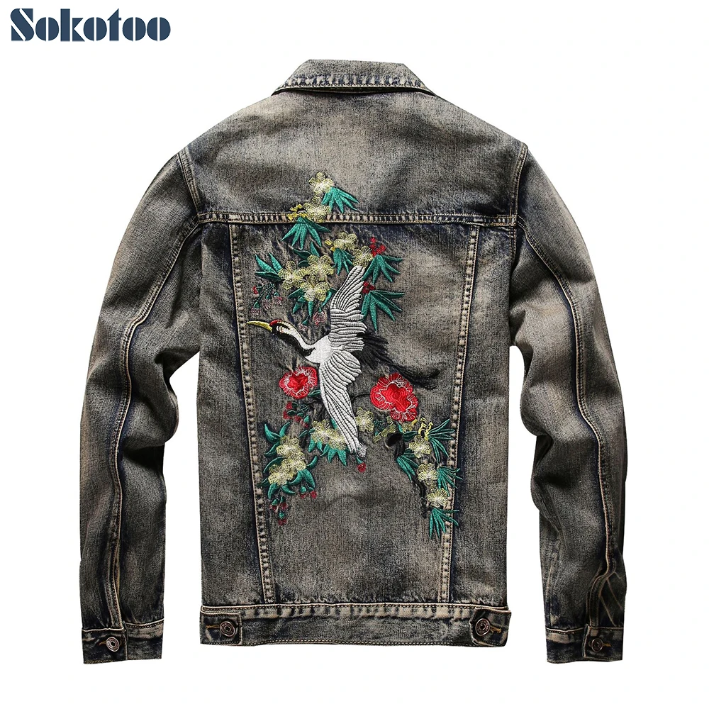 Sokotoo Men's crane embroidery long sleeve denim jacket Vintage gray blue slim embroidered coat Top outerwear
Sokotoo Men's crane embroidery long sleeve denim jacket Vintage gray blue slim embroidered coat Top outerwear