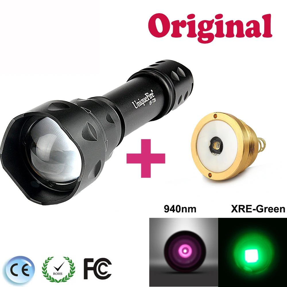 

Potable Zooming Flashlight UF-T20 Rechargeable&Waterprrof XRE-Green Light 3 Modes Flashlight Torch Lamp +IR940nm Lamp Holder