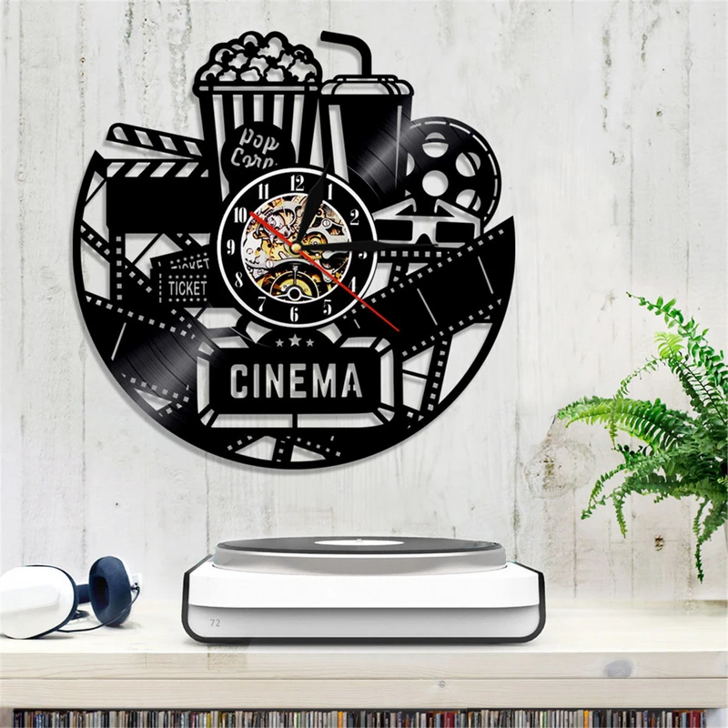 12" Cinema Production Clock Movie Theater Sign Popcorn Vinyl Record Wall Clock Watching Film Vintage Wall Decor Movies Lovers