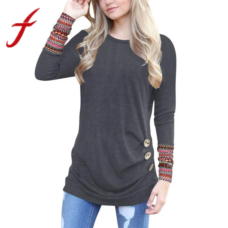 Feitong Women T Shirts Causal Long Sleeve Loose Button Trim Patchwork Round Neck Tunic T-Shirt tee shirt femme camisetas mujer
Feitong Women T Shirts Causal Long Sleeve Loose Button Trim Patchwork Round Neck Tunic T-Shirt tee shirt femme camisetas mujer
