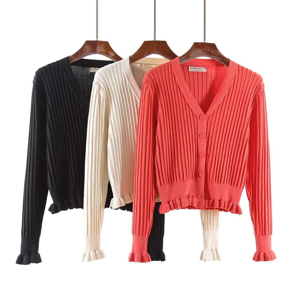 

Korean kniting ruffled v-neck sweater cardigan spring sueter feminino poleras mujer blusas de inverno feminina women's clothing