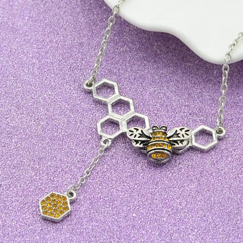 New Arrival Cute Silver Insect Bee Honeycomb Dangle Pendant Necklace With Crystal Charm for Women Party Gift Jewelry | Украшения и