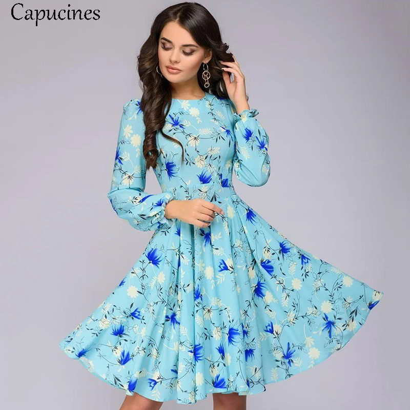 

Capucines Lantern Long Sleeve Florl Print Dress Women Spring O-Neck Frilled Cuff A Line Casual Dresses Workwear Mini Vestidos