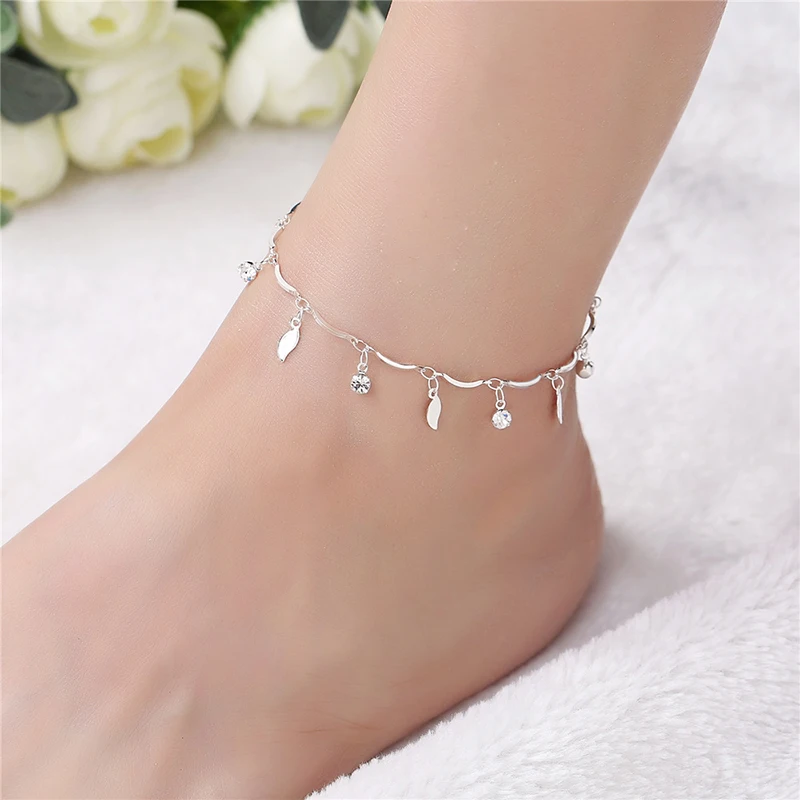 

925 Silver New Fashion Bohemian Leaf Anklets For Women Simple Link Chin Anklets Foot Jewelry Barefoot Sandal Gift 1B132