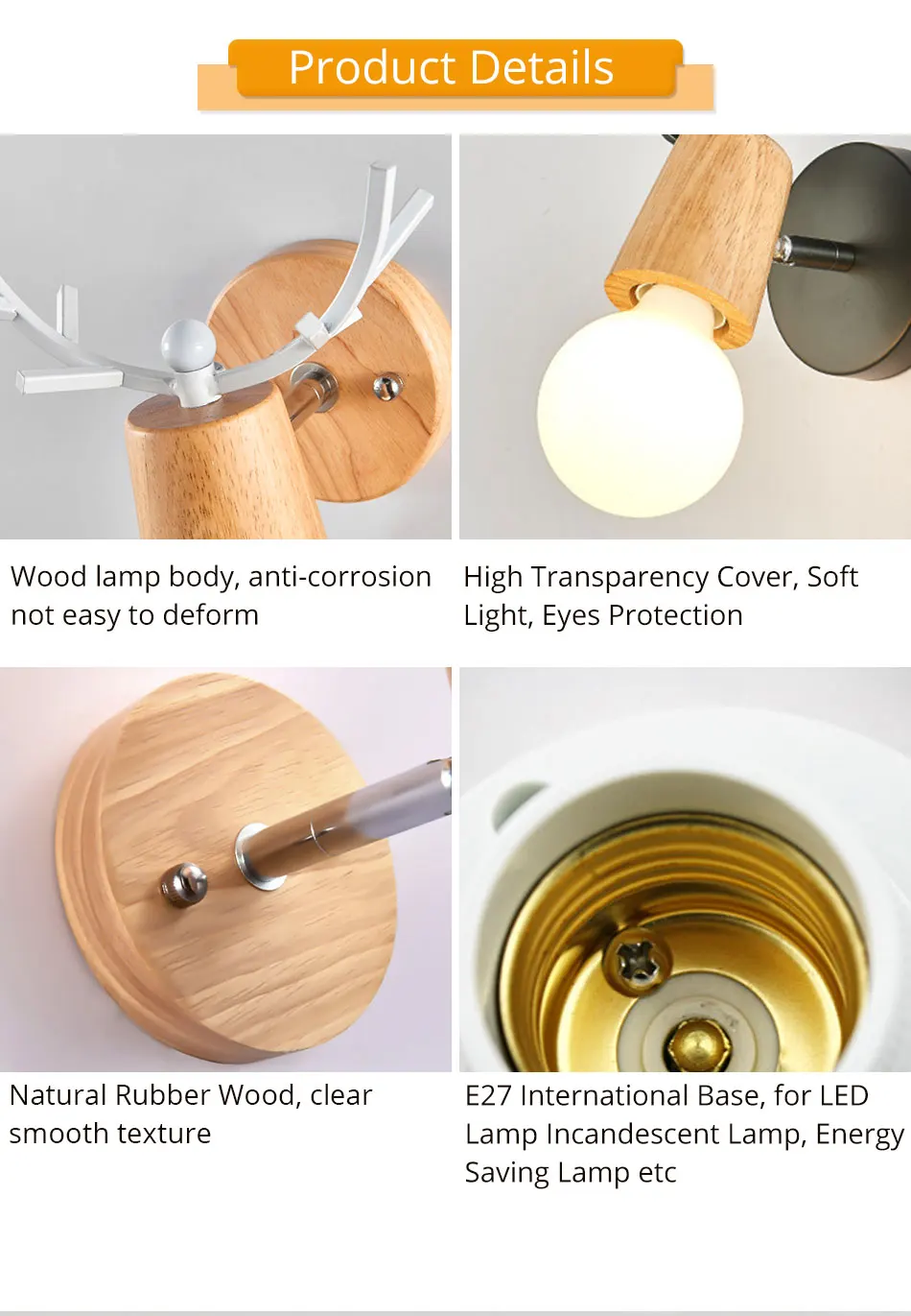Wooden LED Wall Lamp E27 Bulb Bedroom Light Living Room Hotel Lighting Retro Vintage Stair Indoor Wall Lights Sconce Lamp (8)