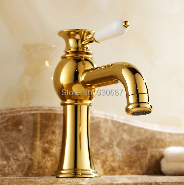Gold Plate Centerset Bathroom Sink Faucet Single Ceramic Handle Mixer Tap New