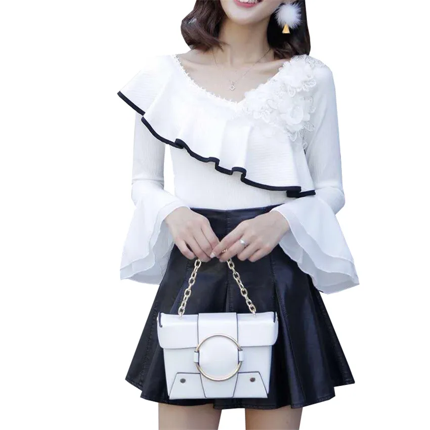 Women Chiffon Blouse Spring Autumn Solid Lace Floral Ruffles Blouses Flare Sleeve Shirt Sexy Straps Backless Shirts Tops AB705
Women Chiffon Blouse Spring Autumn Solid Lace Floral Ruffles Blouses Flare Sleeve Shirt Sexy Straps Backless Shirts Tops AB705