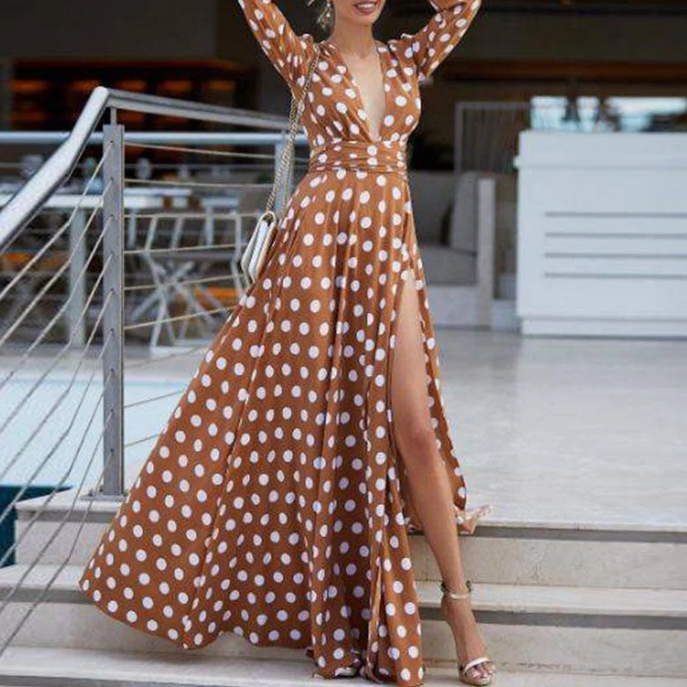 Brown Red Bohemian Polka Dot Split Deep V Sexy Maxi Dresses Women Spring Summer Pleated Skinny Big Swing Beach Extra Long Dress
Brown Red Bohemian Polka Dot Split Deep V Sexy Maxi Dresses Women Spring Summer Pleated Skinny Big Swing Beach Extra Long Dress