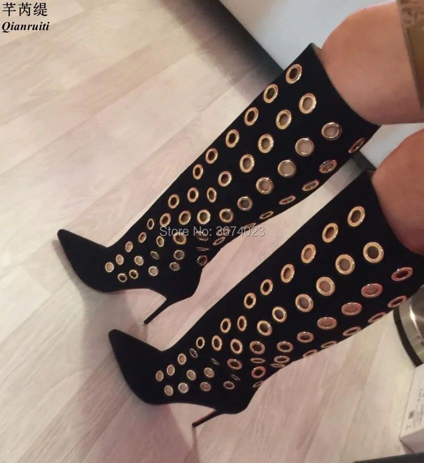 Qianruiti Women Black Knee High Boots Cut Outs Rings High Heels Pointed Toe Stilettos Motorcycle Boots
Qianruiti Women Black Knee High Boots Cut Outs Rings High Heels Pointed Toe Stilettos Motorcycle Boots
