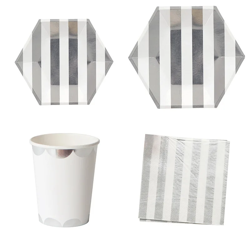 64Pcs/lot Party Paper Plates Napkins Cups Disposable Baby Shower Tableware Silver Stripe Theme Party Wedding Birthday Decorates
64Pcs/lot Party Paper Plates Napkins Cups Disposable Baby Shower Tableware Silver Stripe Theme Party Wedding Birthday Decorates