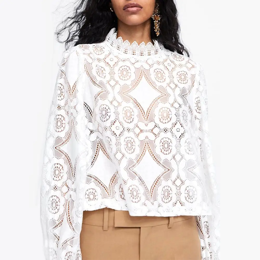 Summer Fashion Elegant Women Solid Color Shirts Clothing Hollow Floral Lace Wavy Mock Neck Long Lantern Sleeve Casual Blouse Top
Summer Fashion Elegant Women Solid Color Shirts Clothing Hollow Floral Lace Wavy Mock Neck Long Lantern Sleeve Casual Blouse Top