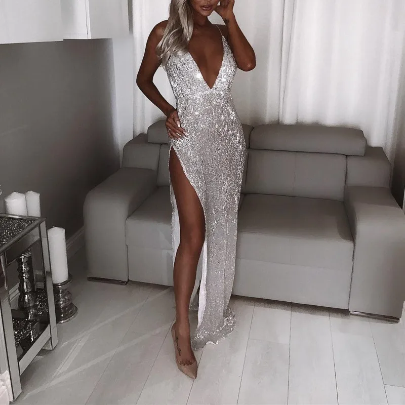 Women Sexy Deep V Neck Sequin Maxi Dress High Split Long Dress Strap Shiny Evening Party Dress Vestido De Mujer
Women Sexy Deep V Neck Sequin Maxi Dress High Split Long Dress Strap Shiny Evening Party Dress Vestido De Mujer
