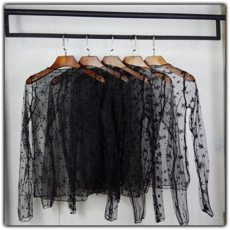 Korean Summer Striped Plaid Star Shirt Women Sexy Vintage Mesh Lace Transparent Long Sleeve Blouses Shirts Ladies Tops Female
Korean Summer Striped Plaid Star Shirt Women Sexy Vintage Mesh Lace Transparent Long Sleeve Blouses Shirts Ladies Tops Female