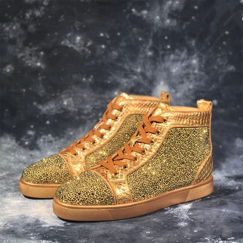 Genuine Leather Gold Mens Sneakers Luxury Crystal Lace Up High Top Mens Casual Shoes Street Style Party Dress Shoes zapatos 48
Genuine Leather Gold Mens Sneakers Luxury Crystal Lace Up High Top Mens Casual Shoes Street Style Party Dress Shoes zapatos 48