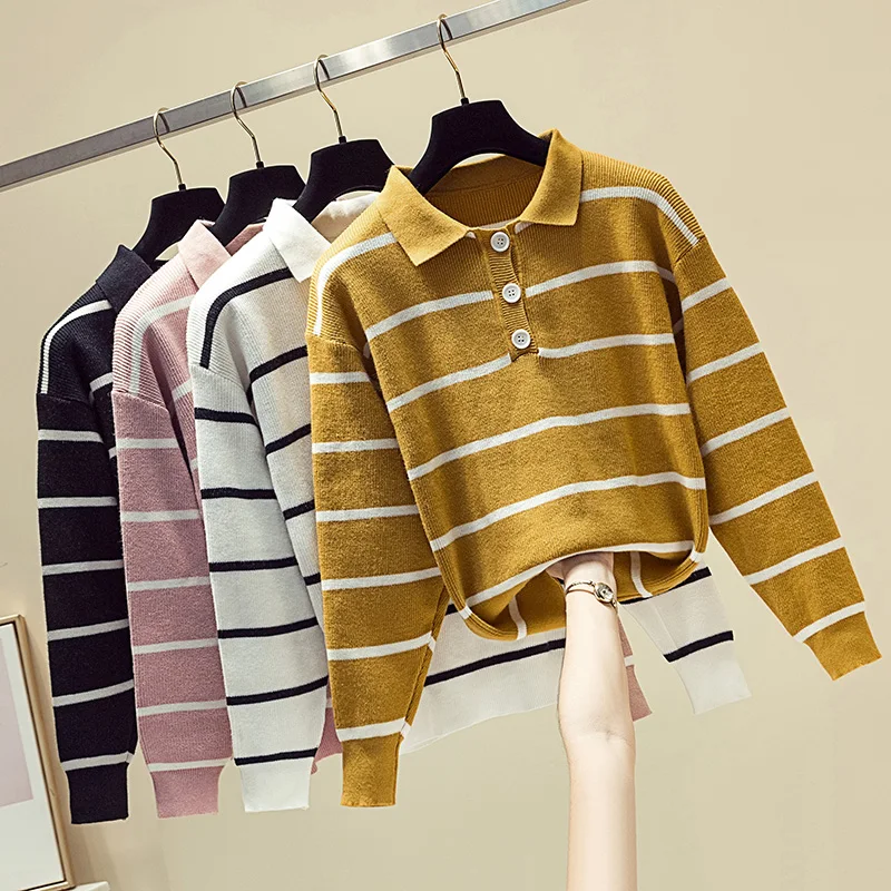2019 Autumn Winter Sweater Women Turn Down Collar Button Striped Casual Ladies Sweaters Pull Femme Soft Knitted Pullover Sweater
2019 Autumn Winter Sweater Women Turn Down Collar Button Striped Casual Ladies Sweaters Pull Femme Soft Knitted Pullover Sweater