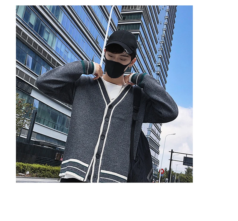 Check Button Cardigan Male Oversize Loose Streetwear (7)