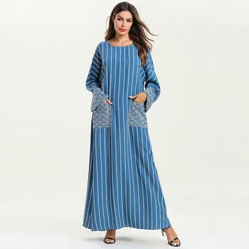 Loose large size women's fashion dress Muslim stripe stitching pocket casual long sleeve blue over the knee conservative dress
Loose large size women's fashion dress Muslim stripe stitching pocket casual long sleeve blue over the knee conservative dress