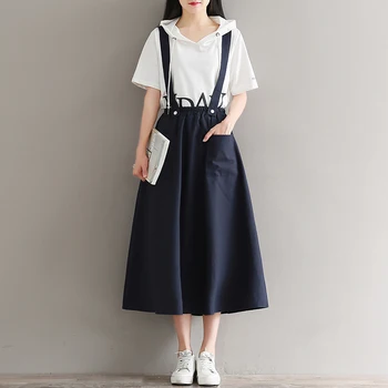 

Mori Girl Spring Summner Women Suspender Skirt Vintage Solid Strap Long Skirt Casual Elastic-Waisted Female Cotton Linen Skirts